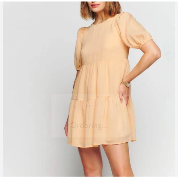 Reformation Estate Dress L Butter Yellow Tiered Mini Puff Sleeve Coquette - Picture 2 of 11